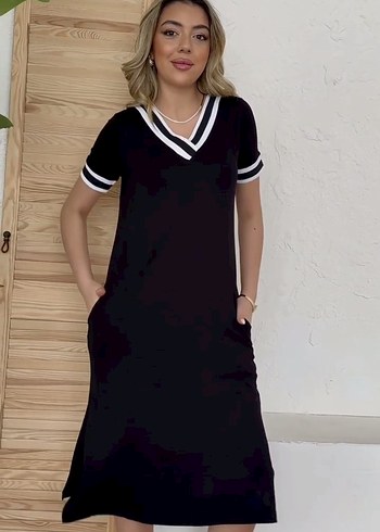 Diğer Diger Siyah V Yaka Kısa Kollu Midi Yandan Yırtmaçlı Cepli Elbise