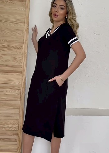 xxl Beden siyah Renk Büyük beden Siyah V Yaka Midi boy Yandan Yırtmaçlı Cepli Elbise