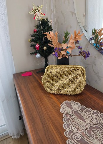 Altın Renk Örgü Kadın Clutch Çanta