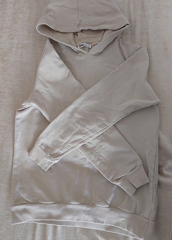 Kışlık Bej Kapüşonlu Rahat Sweatshirt