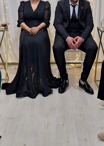 Uzun Siyah Gotik Drape Detaylı Notalı Yaka Elbise