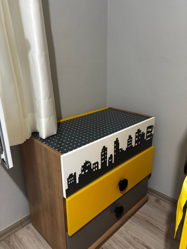 Şehir Desenli Sarı Gri Çocuk-Genç Gardırop MDF - Görsel 5