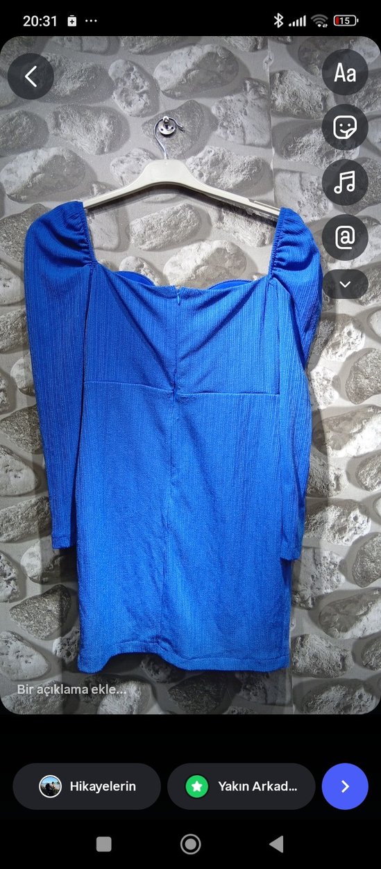 Mavi V Yaka Mini Triko Elbise - Görsel 2