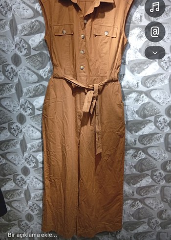 Bej Keten Uzun Drapeli Kadın Tulum - Görsel 3