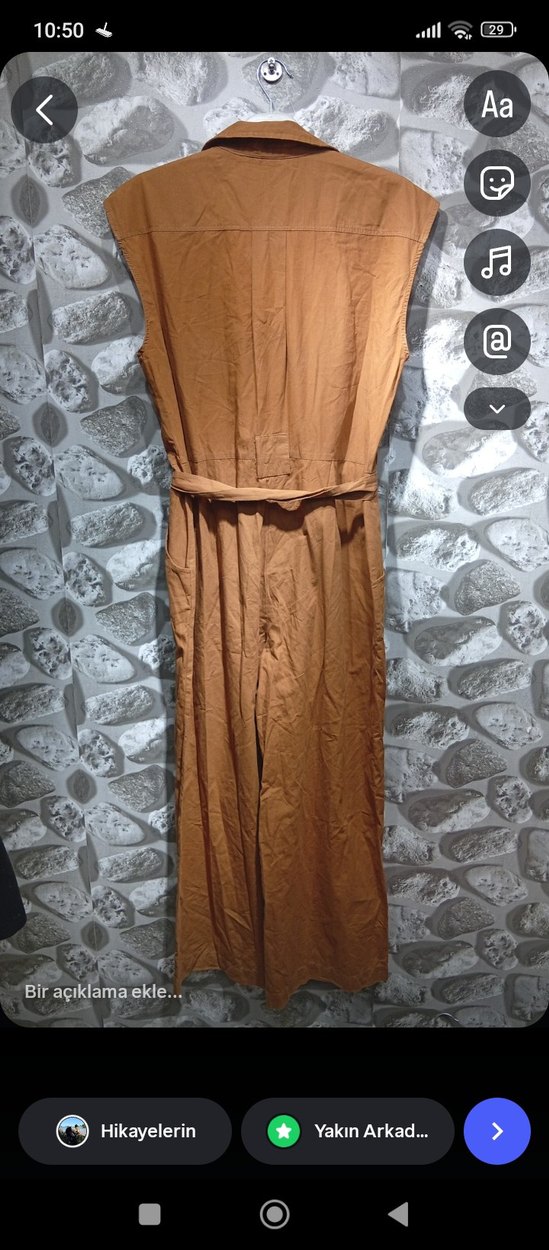 Bej Keten Uzun Drapeli Kadın Tulum - Görsel 2