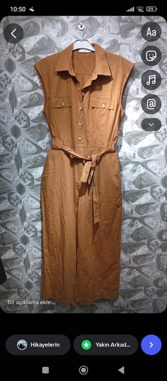 Bej Keten Uzun Drapeli Kadın Tulum - Görsel 3