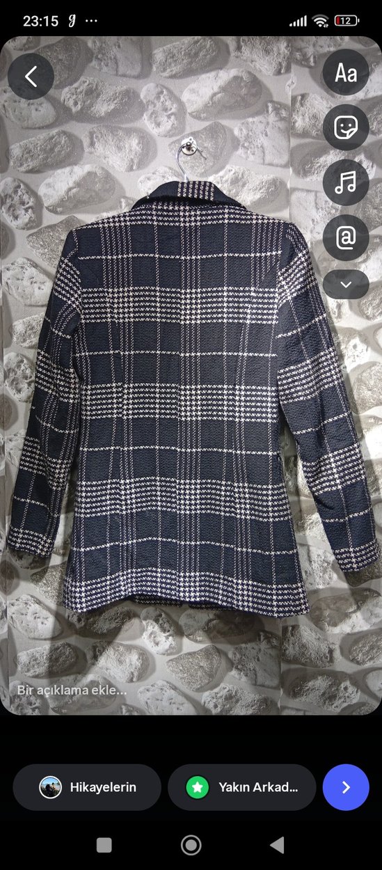 Düğmeli Kısa Gri Ekose Kadın Ceket - Görsel 3