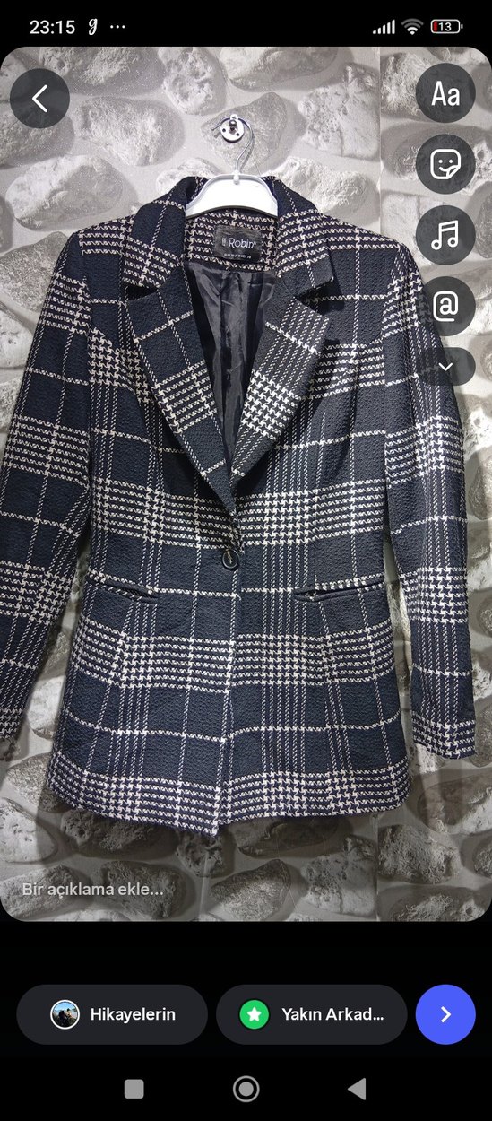 Düğmeli Kısa Gri Ekose Kadın Ceket - Görsel 2