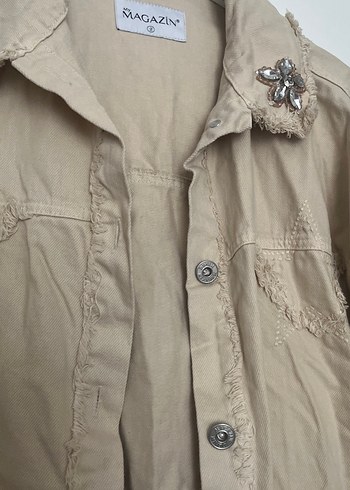 Bej Düğmeli Midi Keten Kadın Ceket - Görsel 6