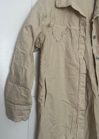 Bej Düğmeli Midi Keten Kadın Ceket - Görsel 3