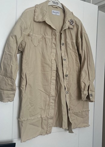 Bej Düğmeli Midi Keten Kadın Ceket - Görsel 4