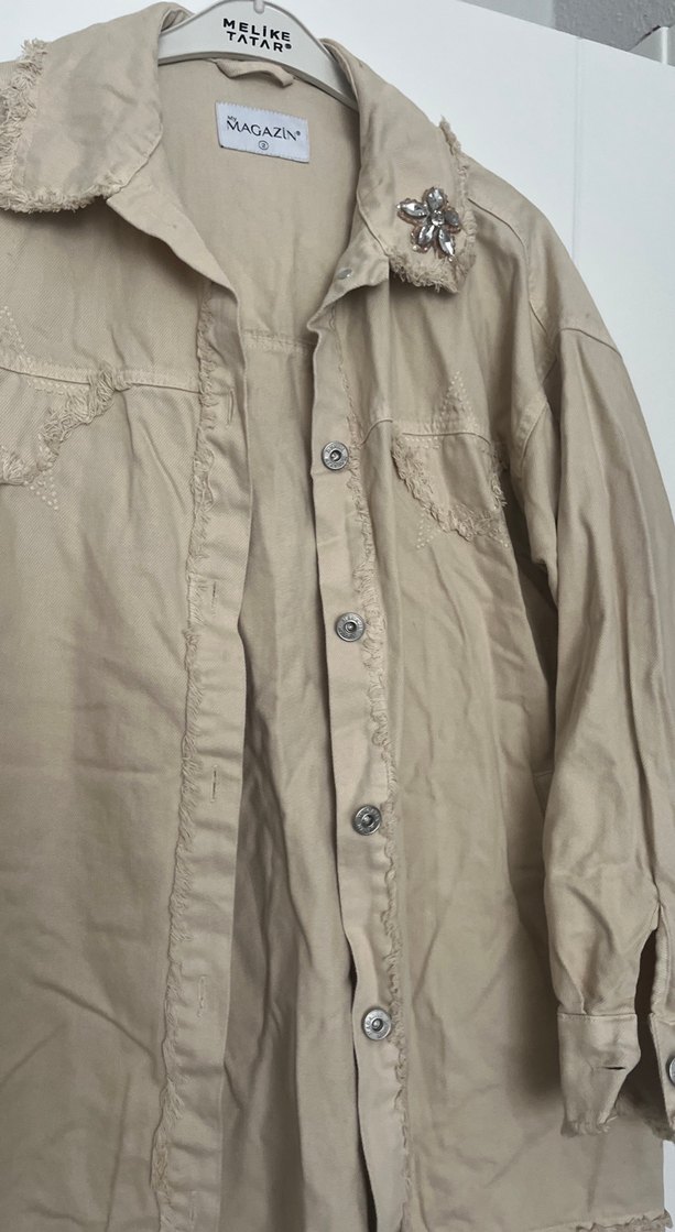 Bej Düğmeli Midi Keten Kadın Ceket - Görsel 5