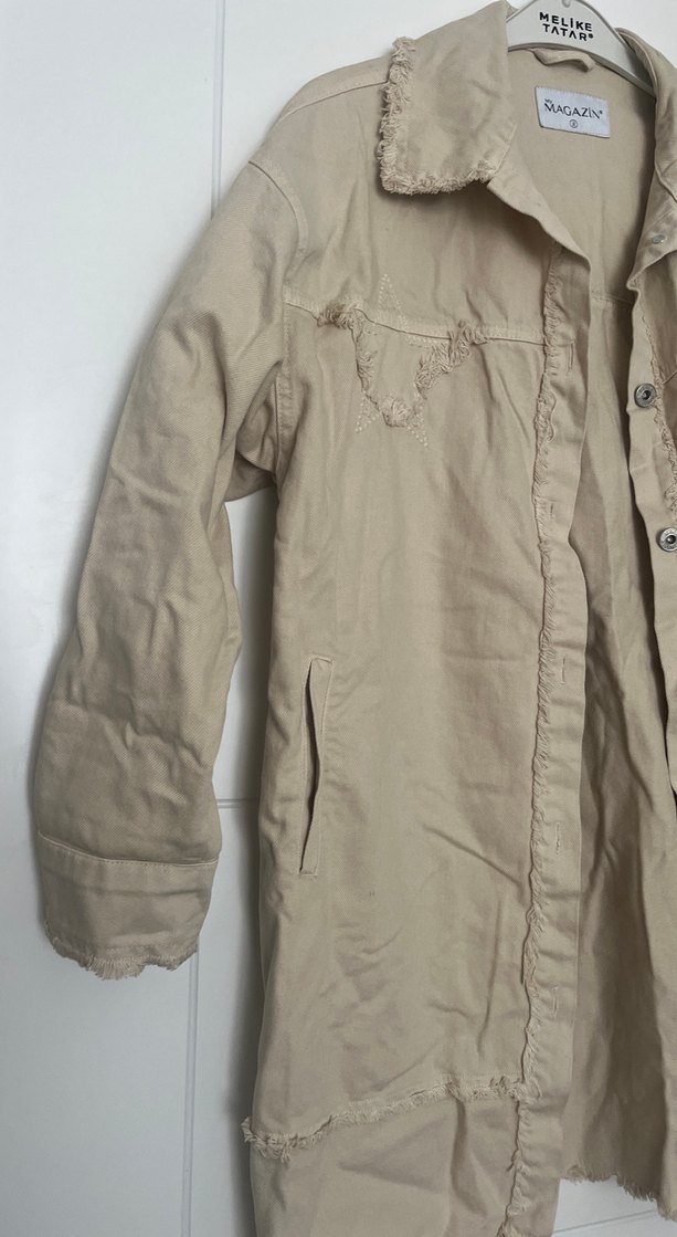 Bej Düğmeli Midi Keten Kadın Ceket - Görsel 3