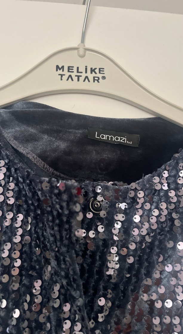 Gri Payetli Uzun Kollu Abiye Elbise - Görsel 3