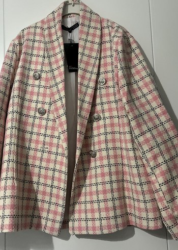 Düğmeli Pembe Ekose Midi Kadın Blazer - Görsel 7