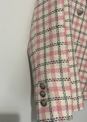 Düğmeli Pembe Ekose Midi Kadın Blazer - Görsel 6
