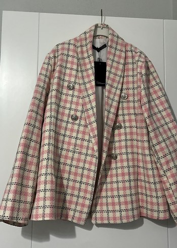 Düğmeli Pembe Ekose Midi Kadın Blazer - Görsel 5