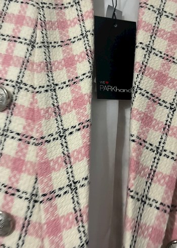 Düğmeli Pembe Ekose Midi Kadın Blazer - Görsel 4