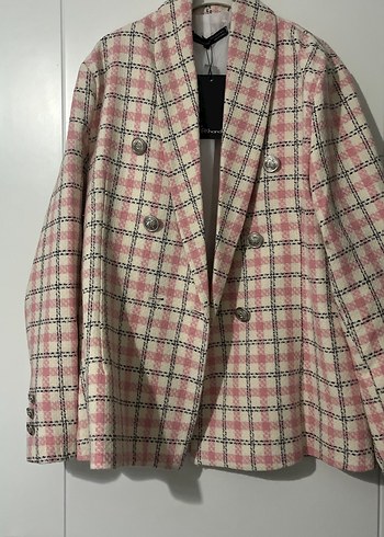 Düğmeli Pembe Ekose Midi Kadın Blazer - Görsel 9