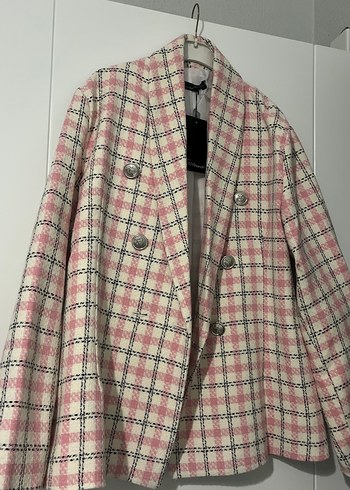 Düğmeli Pembe Ekose Midi Kadın Blazer - Görsel 2