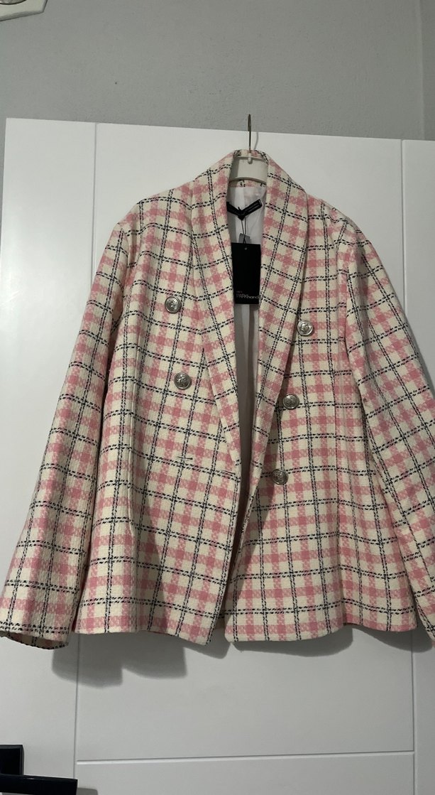 Düğmeli Pembe Ekose Midi Kadın Blazer - Görsel 5