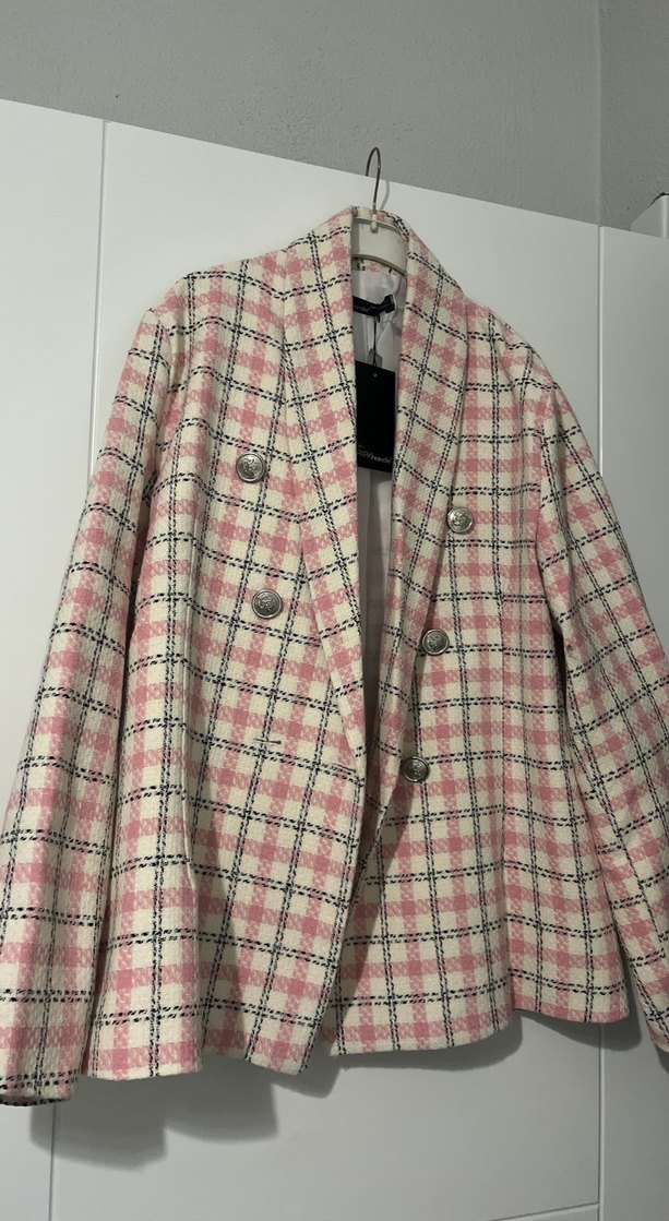 Düğmeli Pembe Ekose Midi Kadın Blazer - Görsel 2