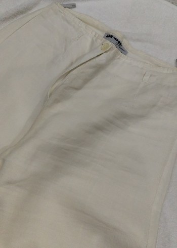 Beyaz Keten Midi Kadın Pantolon - Görsel 2