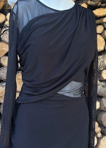 Uzun Kollu Siyah Drapeli Kadın Elbise - Görsel 3