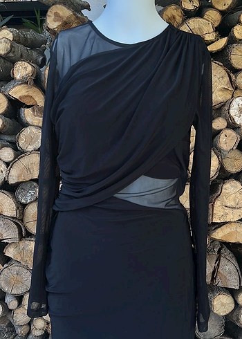 Uzun Kollu Siyah Drapeli Kadın Elbise - Görsel 2