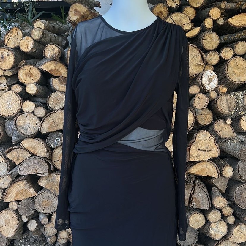 Uzun Kollu Siyah Drapeli Kadın Elbise - Görsel 2