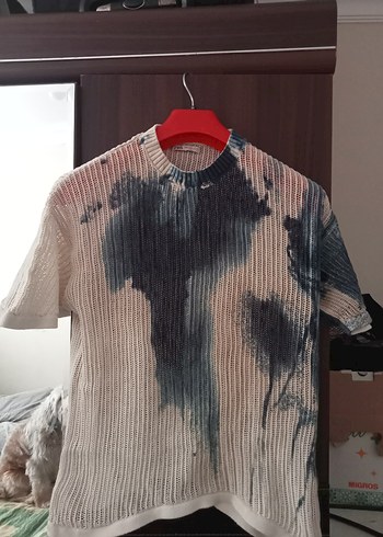 Erkek Beyaz Gri Batik Örgü Tişört
