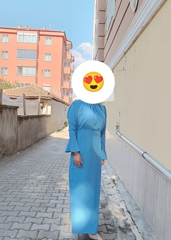 Mavi Drapeli Uzun Kol Bağlama Desenli Elbise