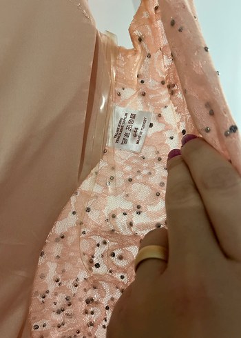 Dantel Detaylı Uzun Pembe V Yaka Abiye Elbise - Görsel 6