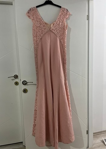 Dantel Detaylı Uzun Pembe V Yaka Abiye Elbise - Görsel 5