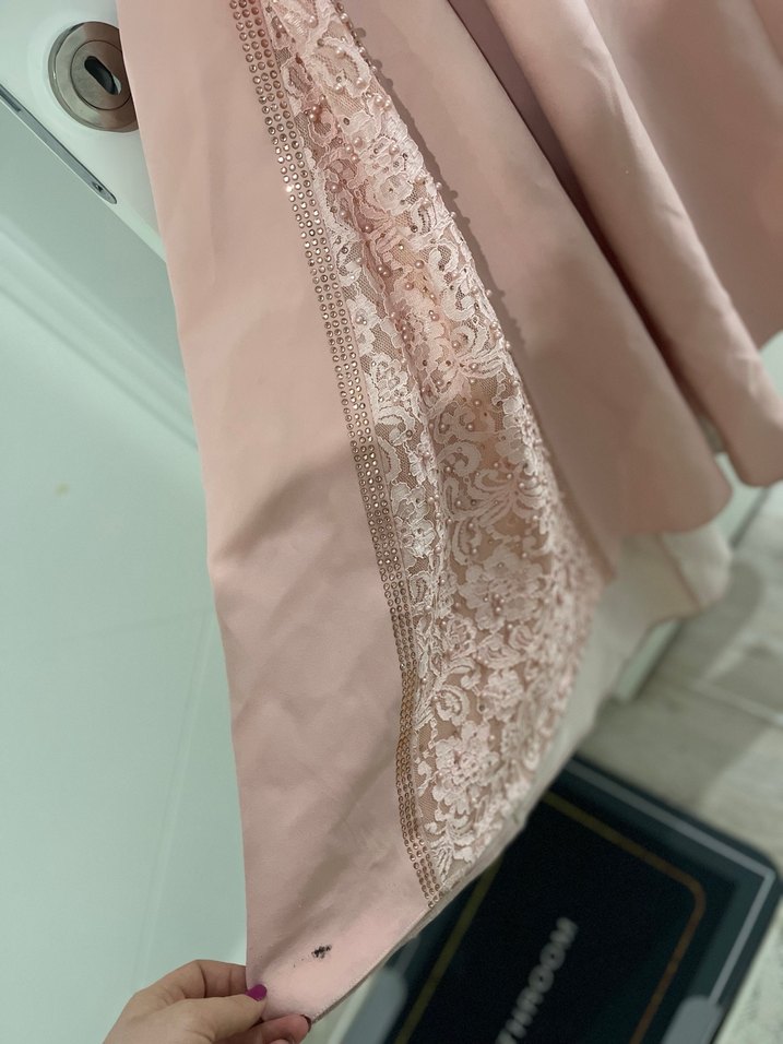 Dantel Detaylı Uzun Pembe V Yaka Abiye Elbise - Görsel 3