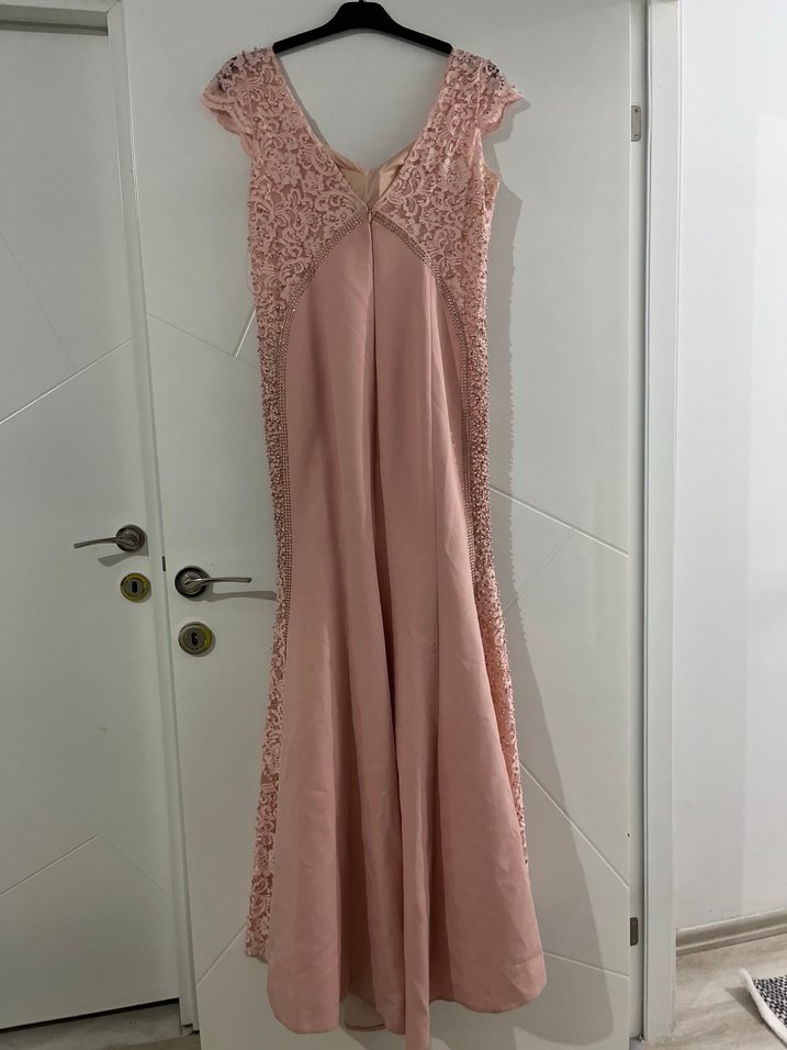 Dantel Detaylı Uzun Pembe V Yaka Abiye Elbise - Görsel 5