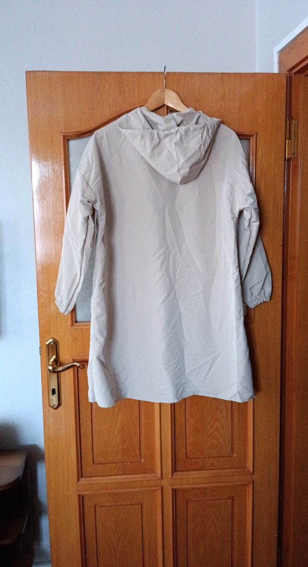 Gri Bej Uzun Kadın  Kapüşonlu Ceket - Görsel 3