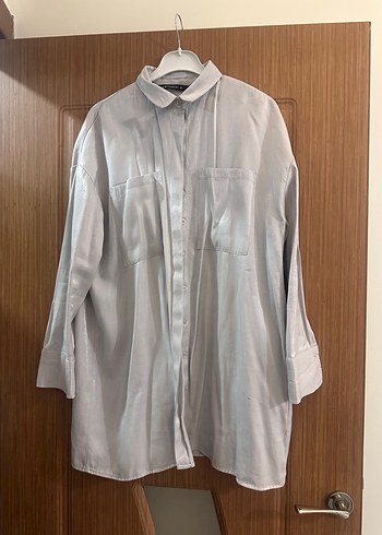 Gri saten Düğmeli Uzun Kollu Kadın Gömlek - Görsel 2