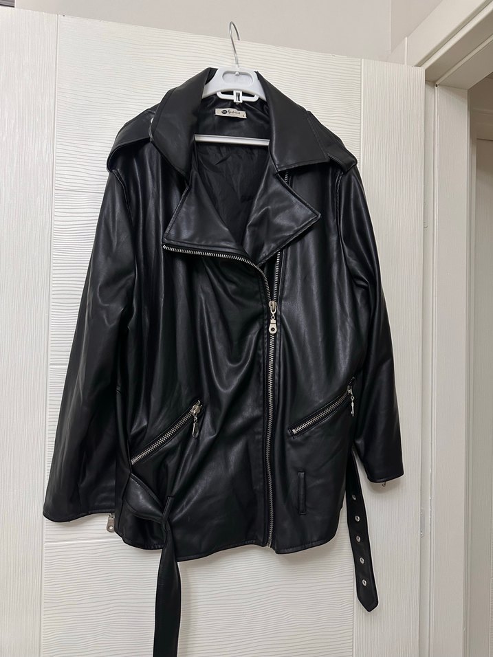Kadın Siyah Deri Biker Ceket - Görsel 2