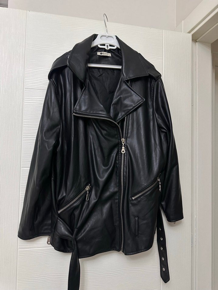 Kadın Siyah Deri Biker Ceket - Görsel 3