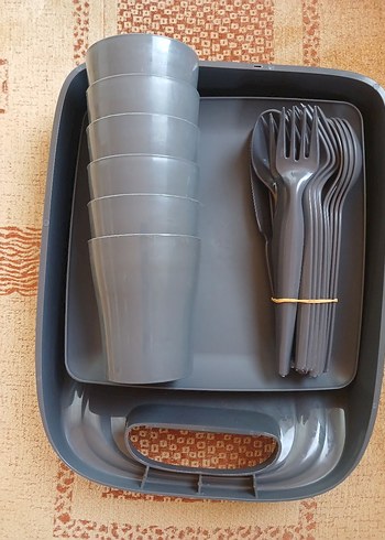 Gri Plastik Çatal Kaşık Bardak Seti