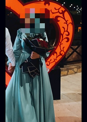 Uzun Turkuaz Tesettür Abiye Elbise söz, nişan, Düğün, Gece elbis