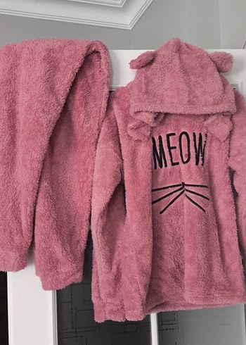 2li takım Pembe Kürklü MEOW Baskılı Kedi Polar ev kıyafeti - Görsel 2