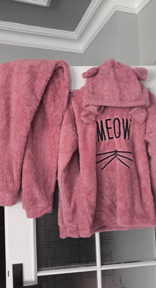 2li takım Pembe Kürklü MEOW Baskılı Kedi Polar ev kıyafeti - Görsel 2