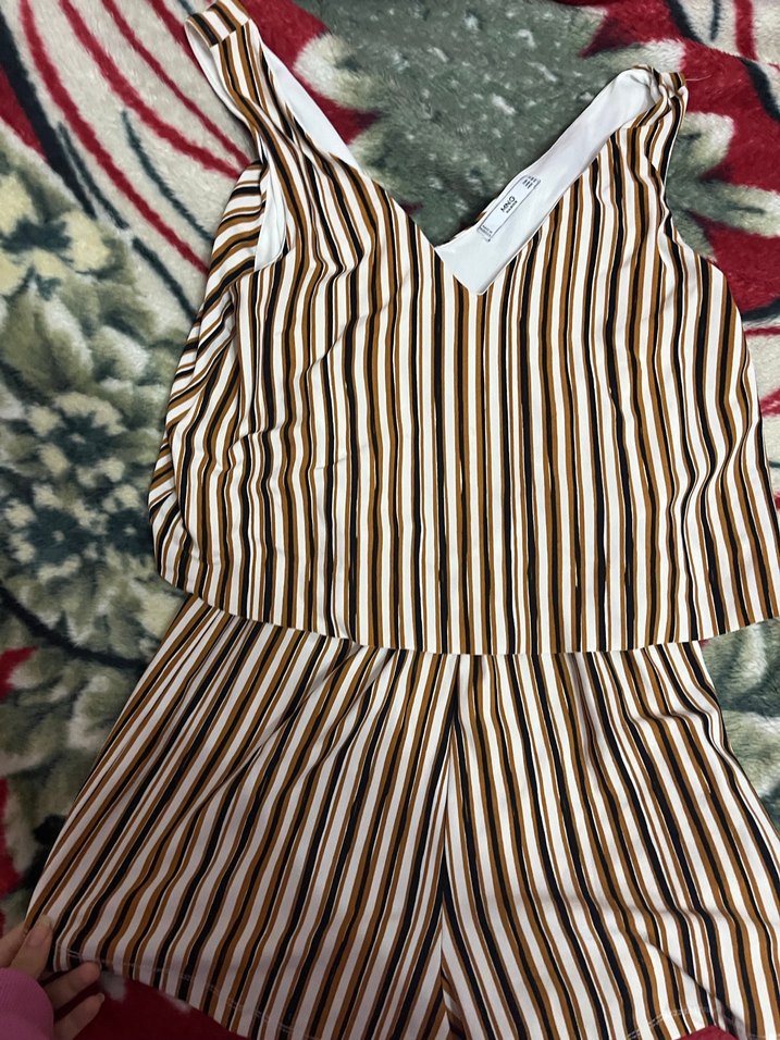 Mango Kahverengi Çizgili Kadın Mini tulum - Görsel 3