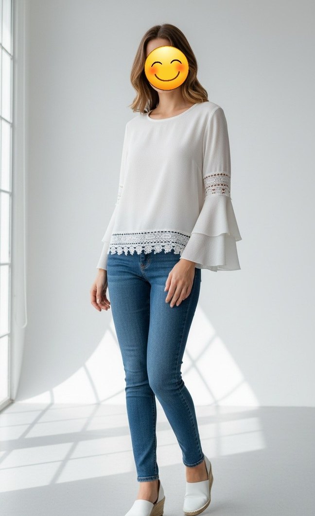 Dantel Detaylı Beyaz Uzun Kollu Bluz - Görsel 2