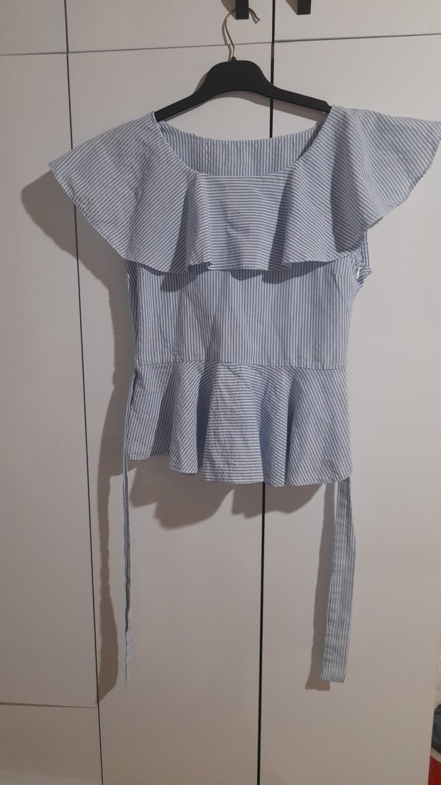 Mavi Çizgili Fırfırlı Kadın Bluz - Görsel 3