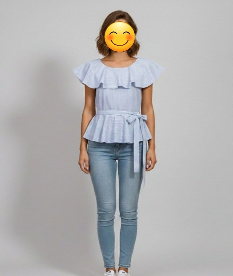 Mavi Çizgili Fırfırlı Kadın Bluz - Görsel 2