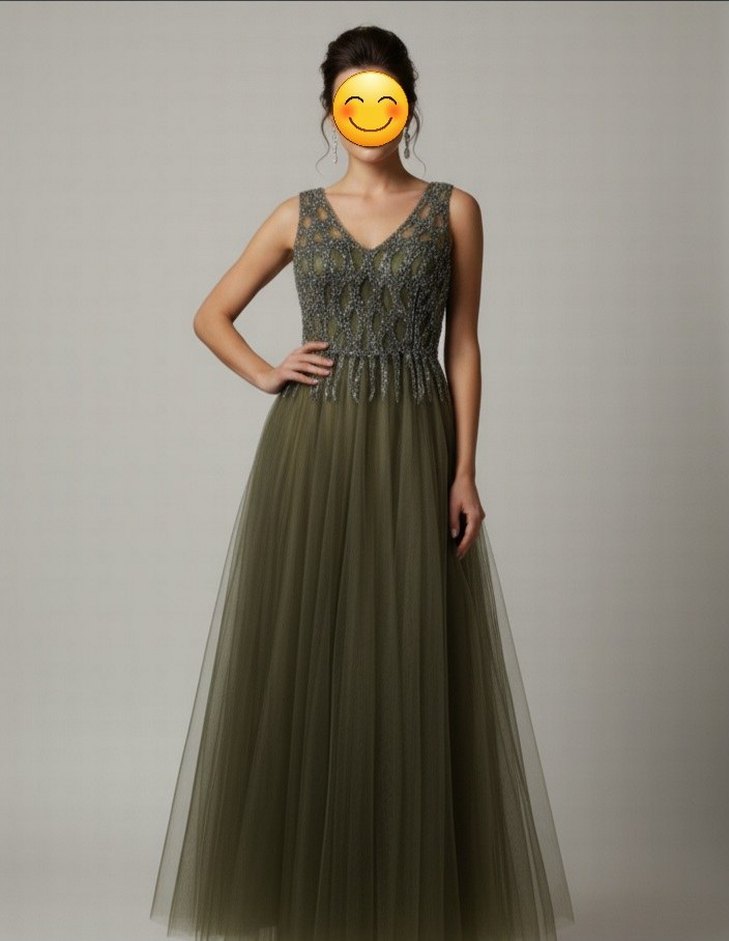 V Yaka Haki Renk Abiye (S/M Beden) - Görsel 2