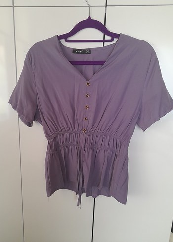 Düğmeli V Yaka Mor Kadın Bluz - Görsel 5